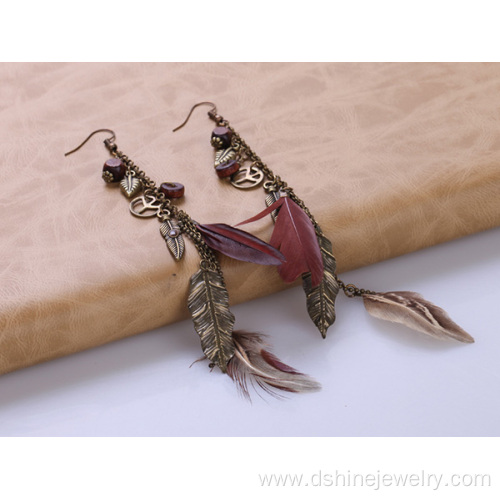 Long Feather Earrings With Peace Charms Pendant Earrings